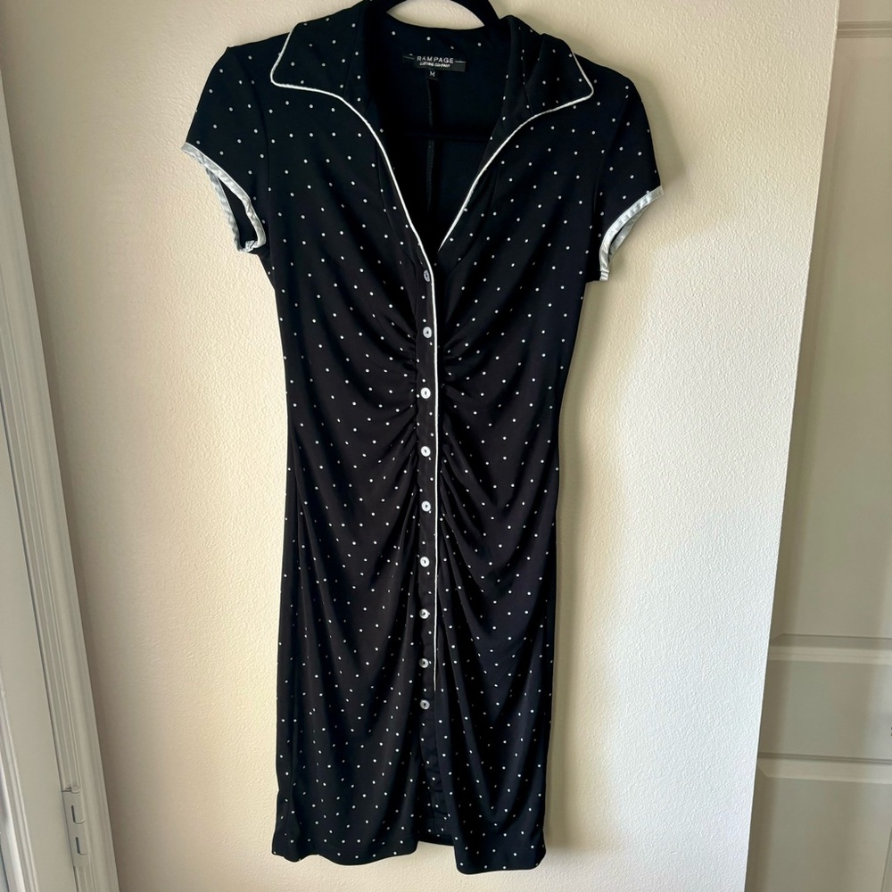 Vintage Black Rampage Dress 90s Y2K Fitted Polka Dots V Neck Collar Size Medium